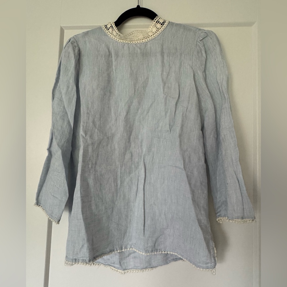 Zara Elegant Light Blue 100% Linen Blouse with Lace Accents Size S